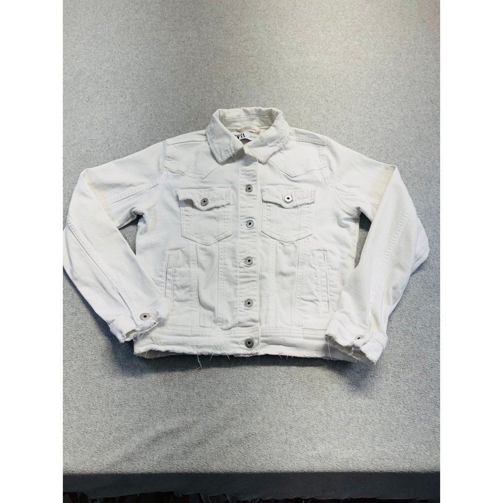 ZARA Womens S White Denim Jacket Distressed Raw Frayed Hem Trucker Retro Style